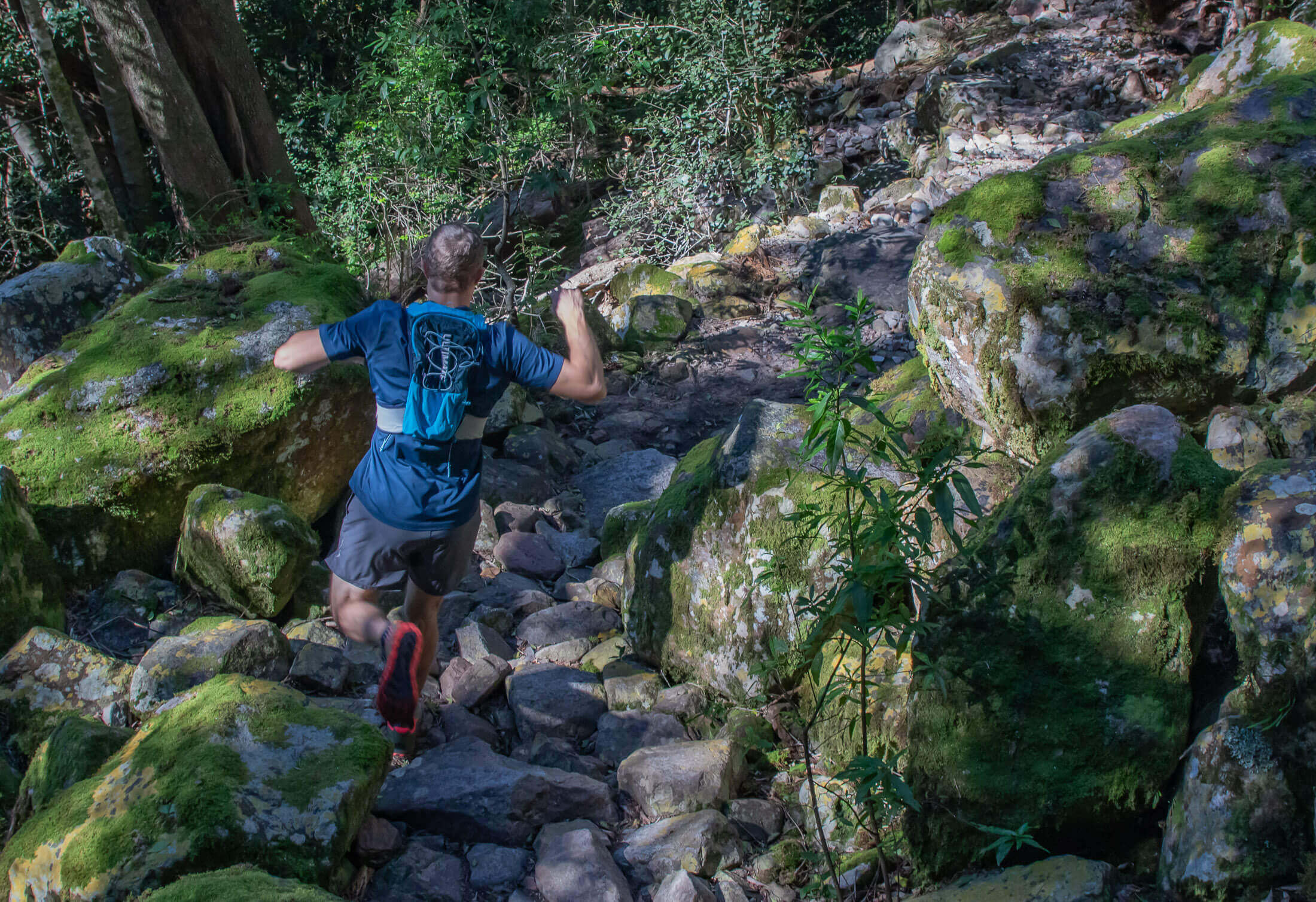 runner jumping over rock in trail