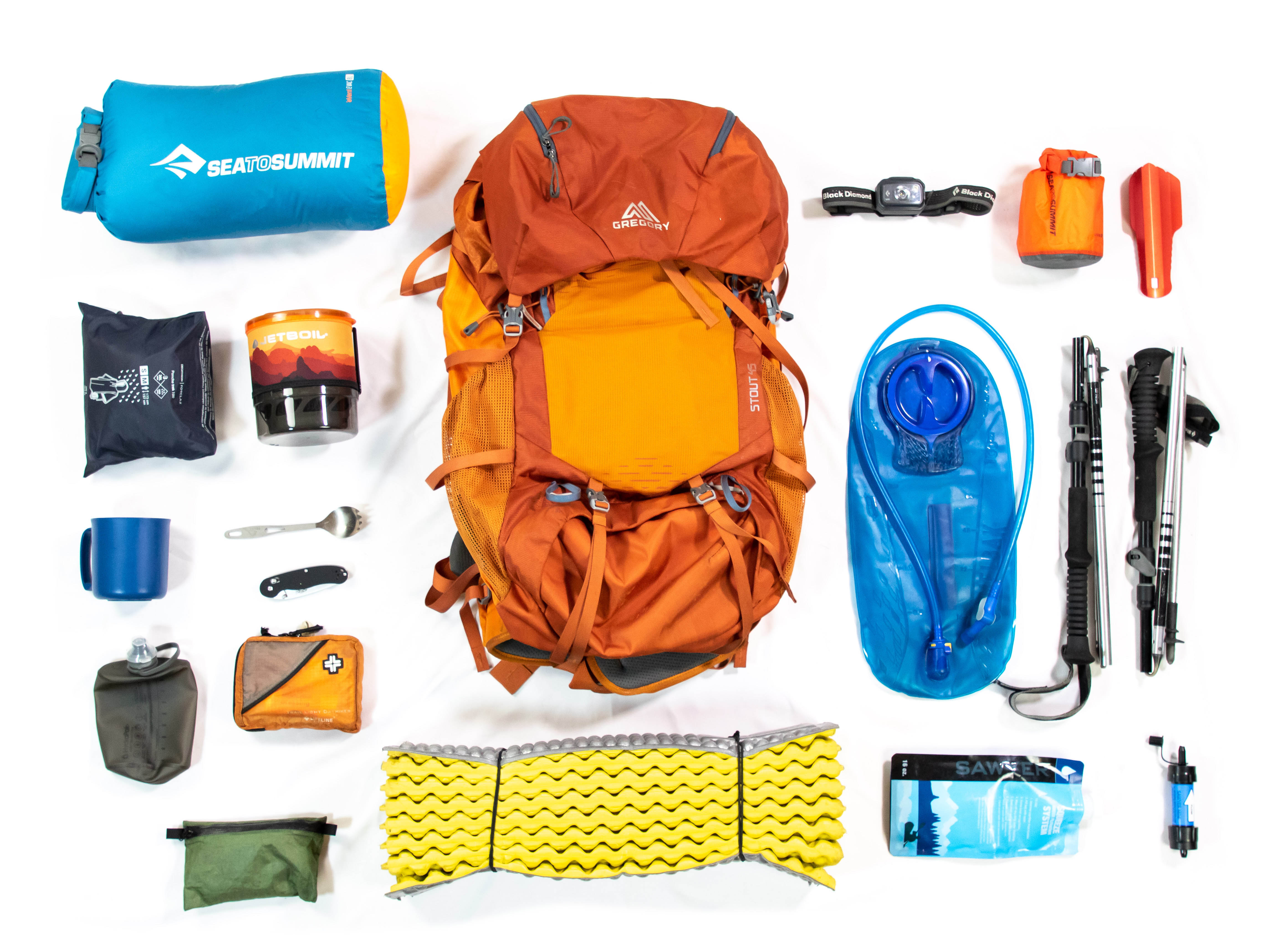 Kit a hiker typically packs for a backpacking trip