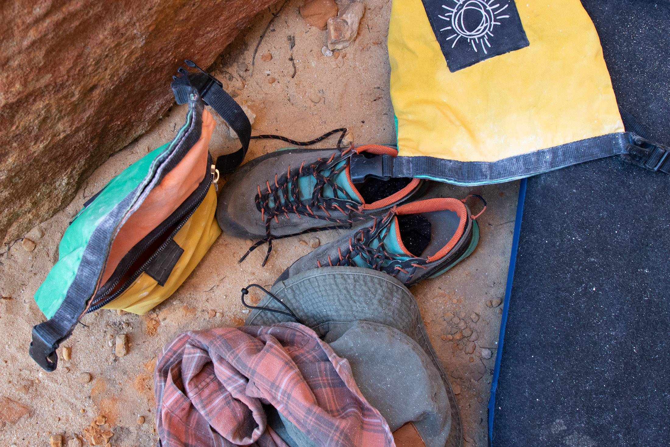 approach shoes among other climbing gear