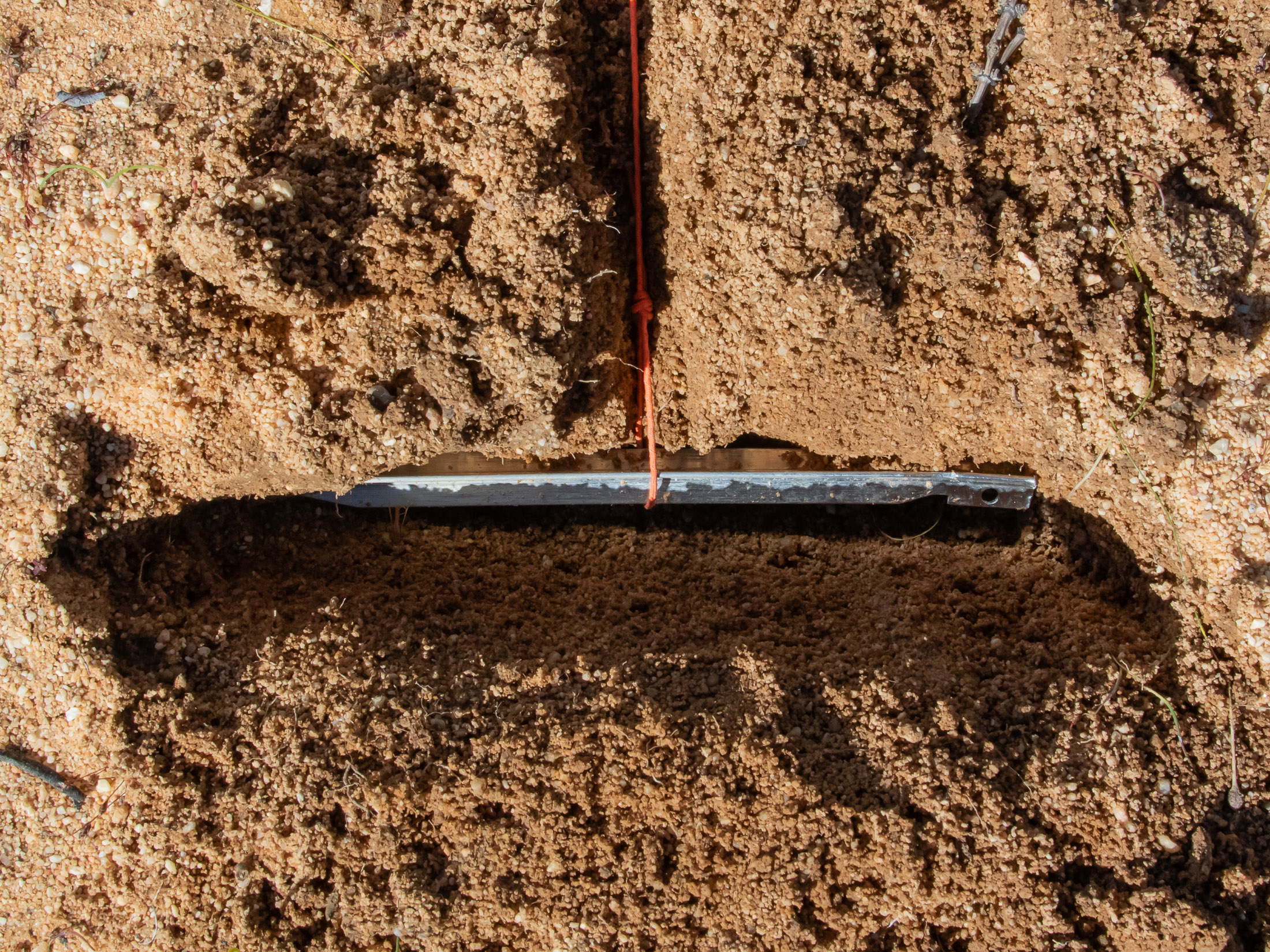stake buried sideways in sand
