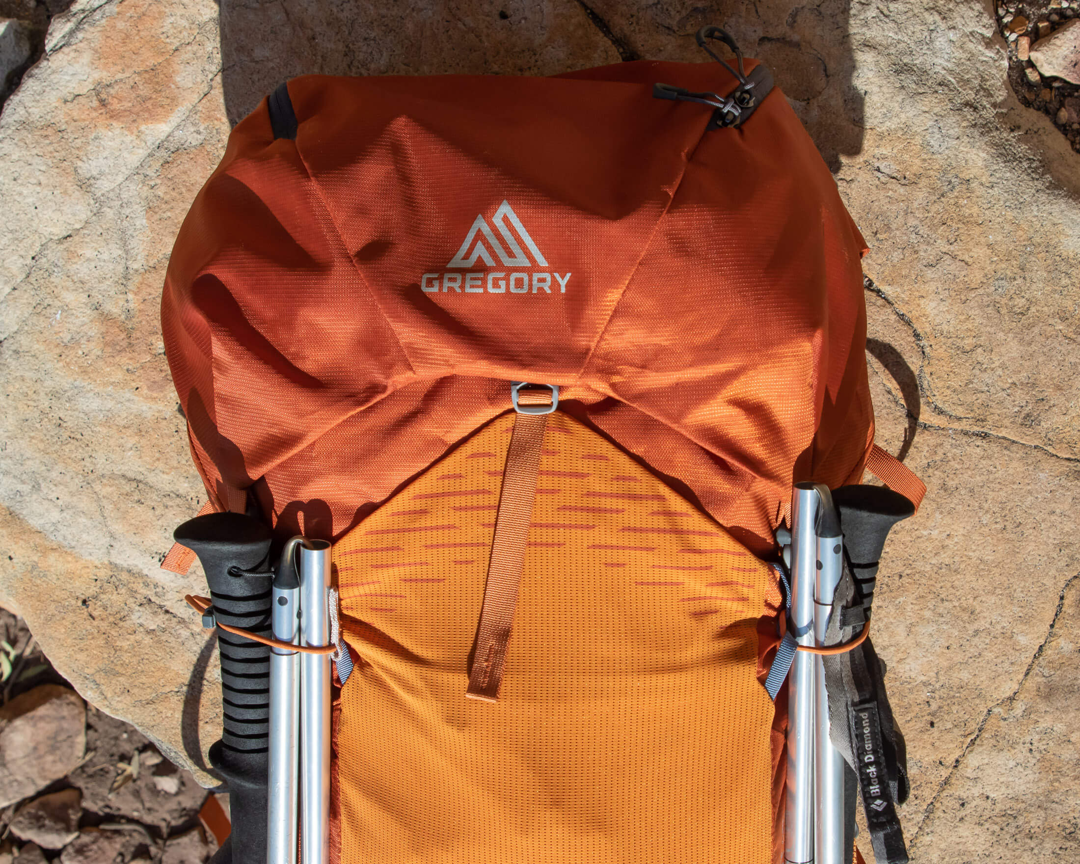 pack with trekking pole attachments