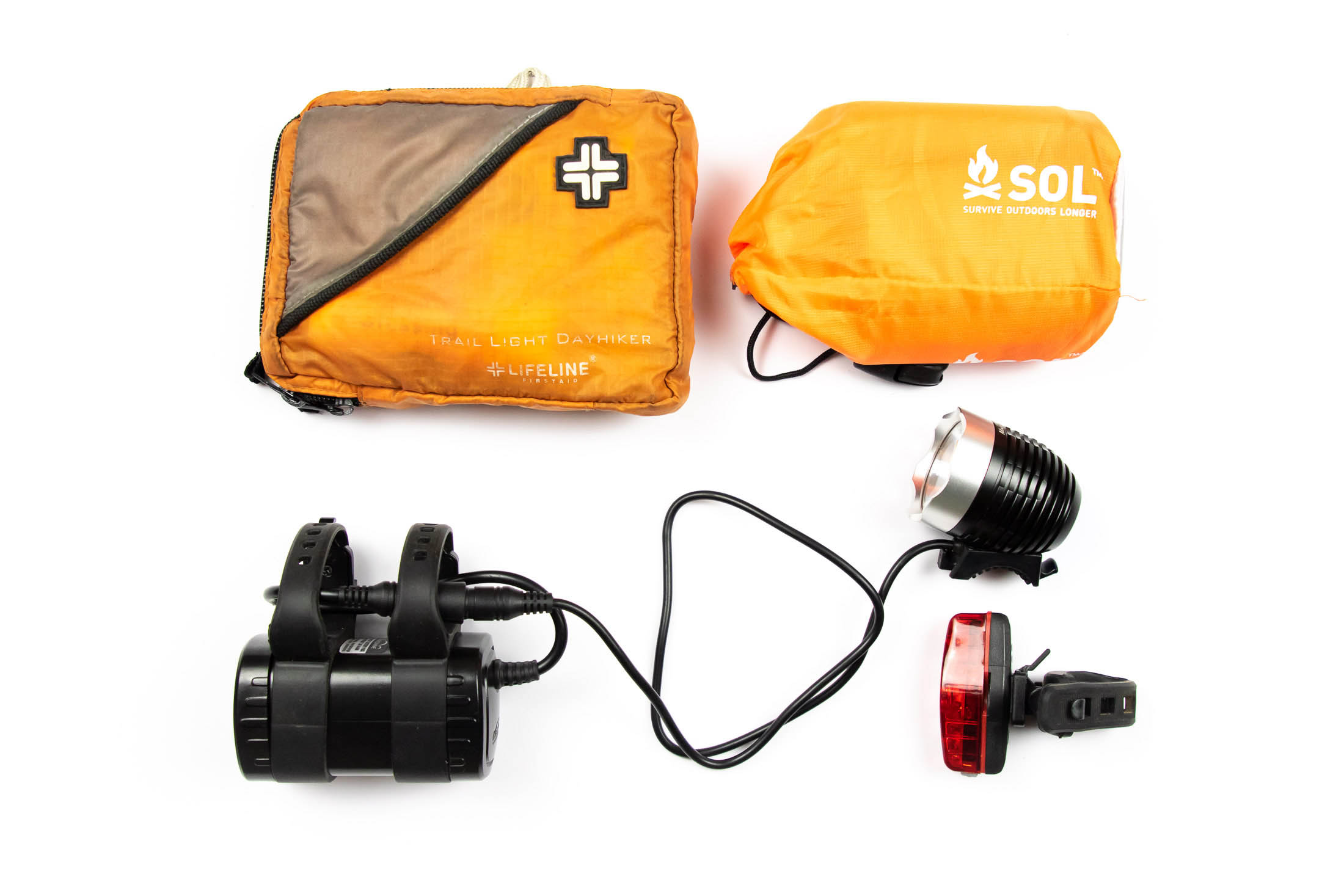 bike light, first aid kit and emergency bivvy