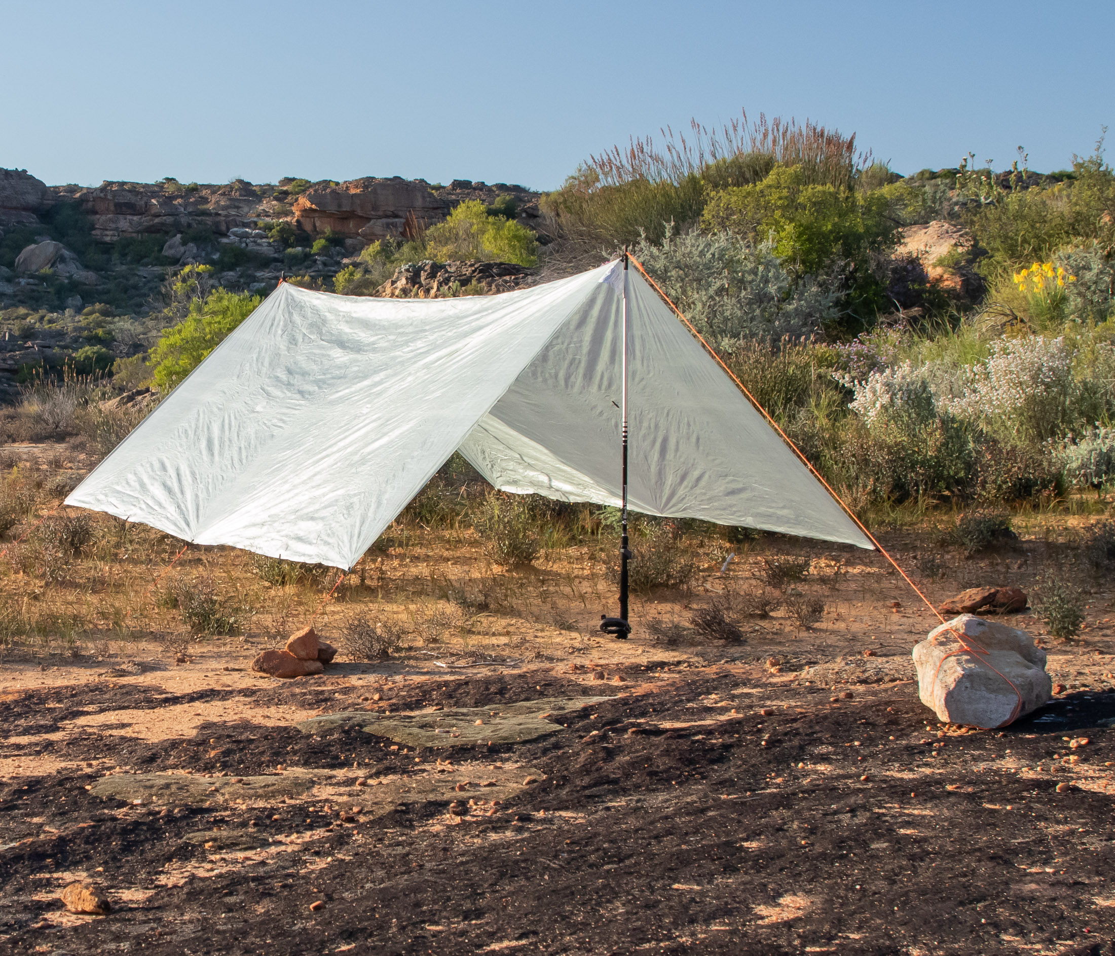 tarp pitched in A-frame