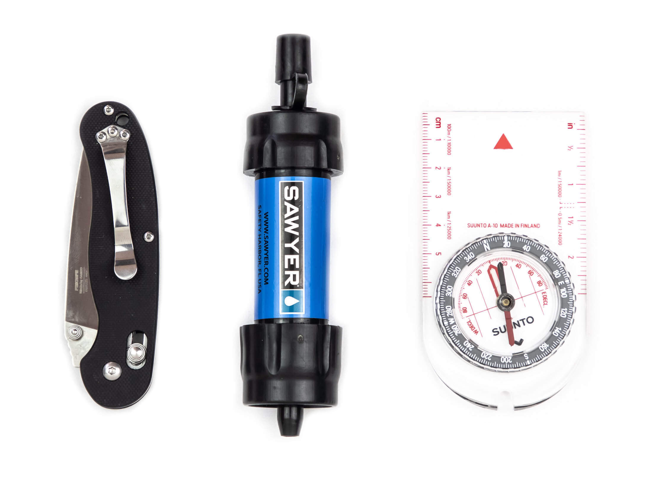 knife, compass and water filter