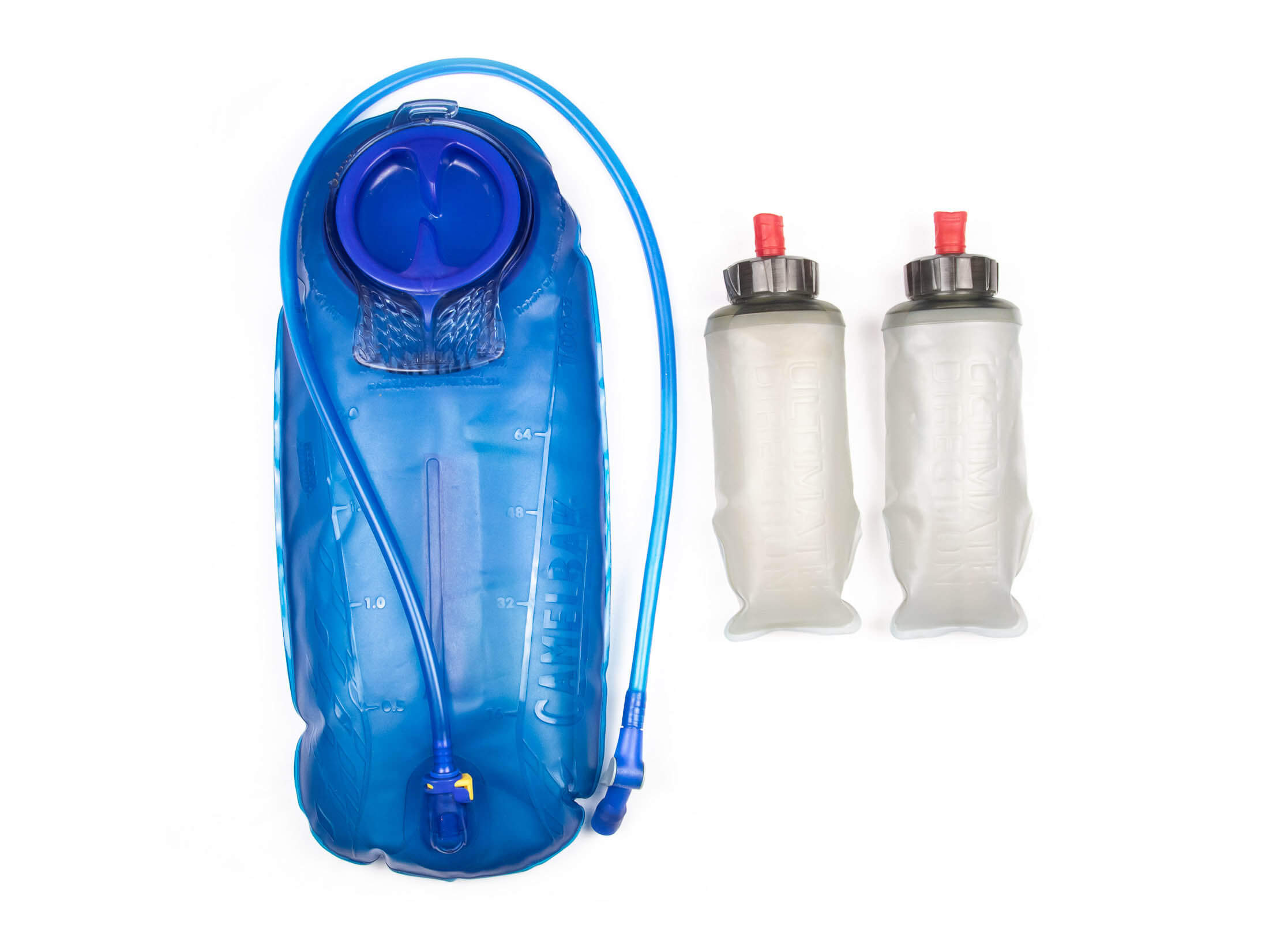 hydration reservoir next to two water bottles