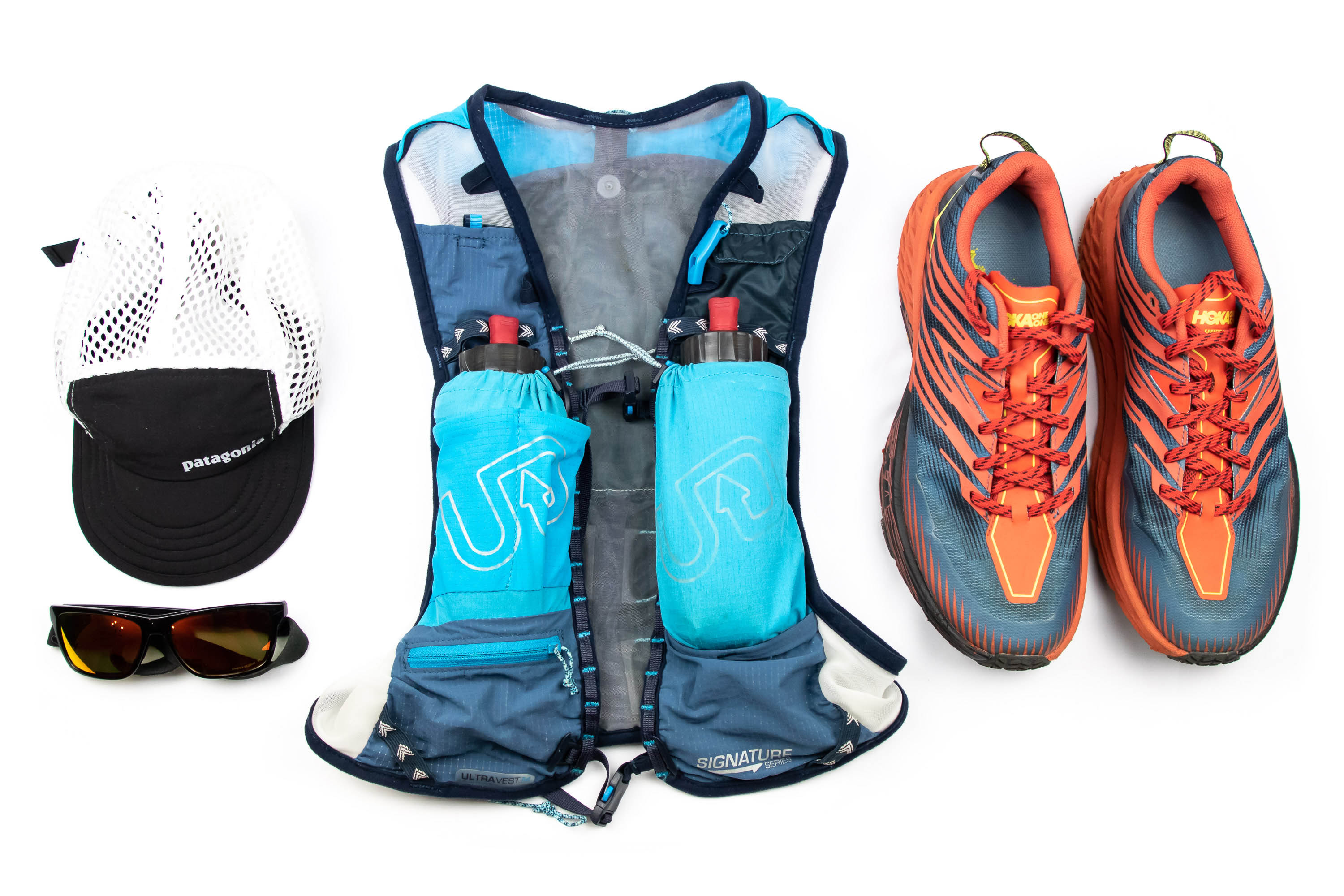 running vest, shoes, and cap