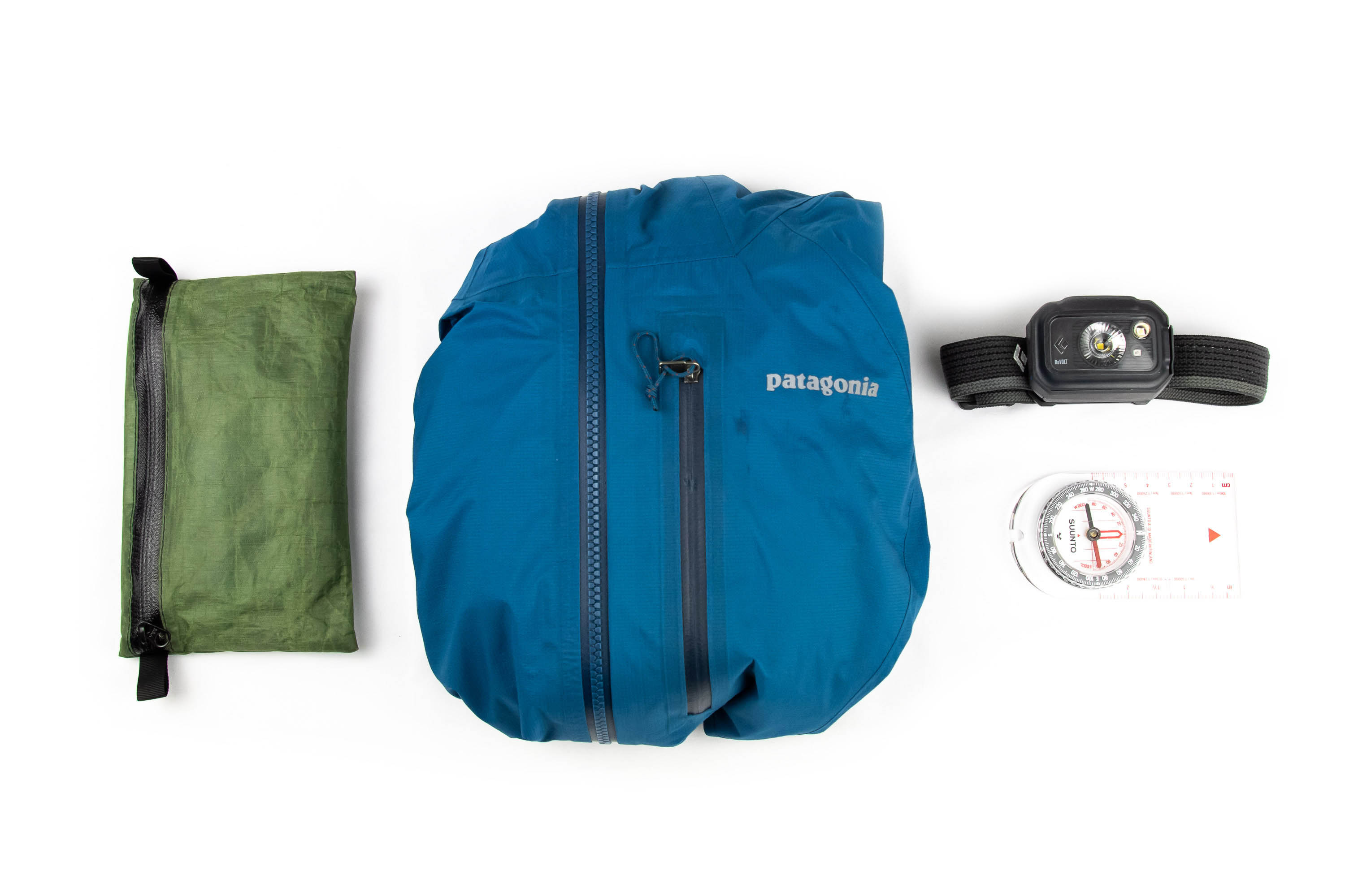 running jacket, headlamp, and compass