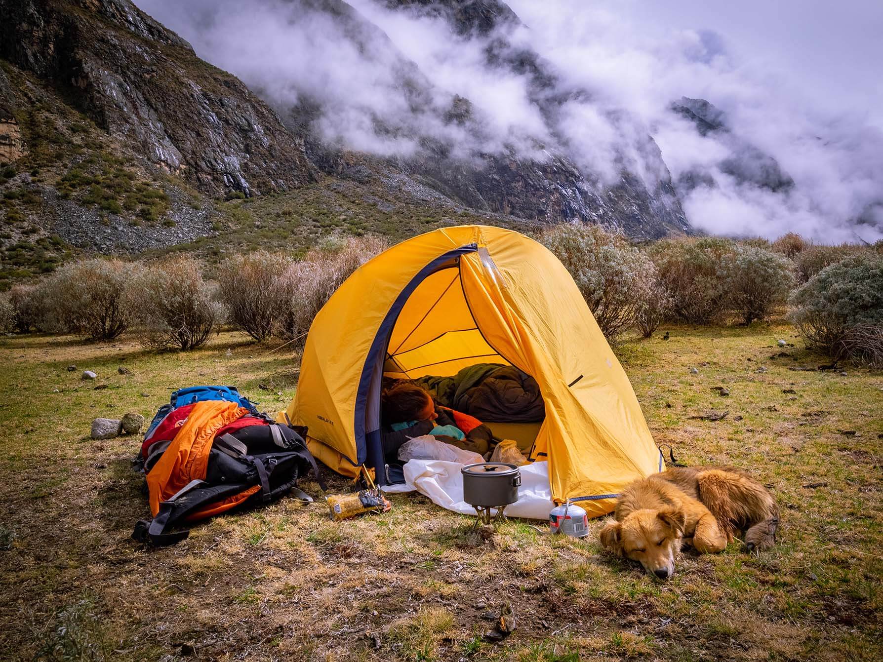 yellow tent in rain