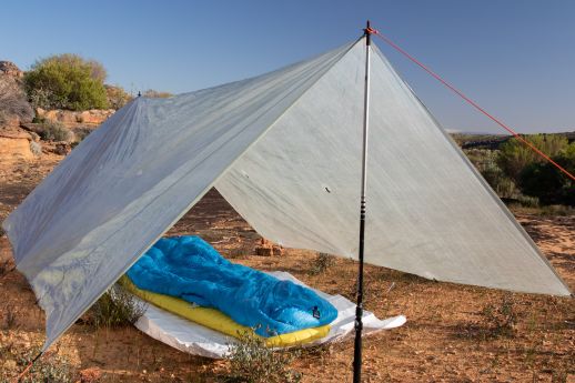 tarp rigged in A-frame configuration